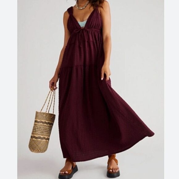 Free People Martina Maroon Sleeveless Maxi Dress SIZE LARGE - Picture 1 of 7